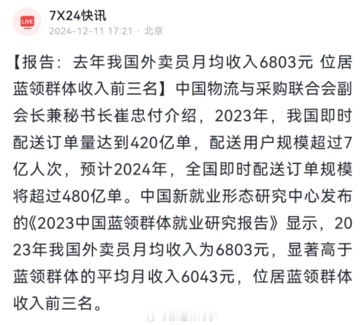 报告：去年我国外卖员月均收入6803元，位居蓝领群体收入前三名！应该再算一下时薪