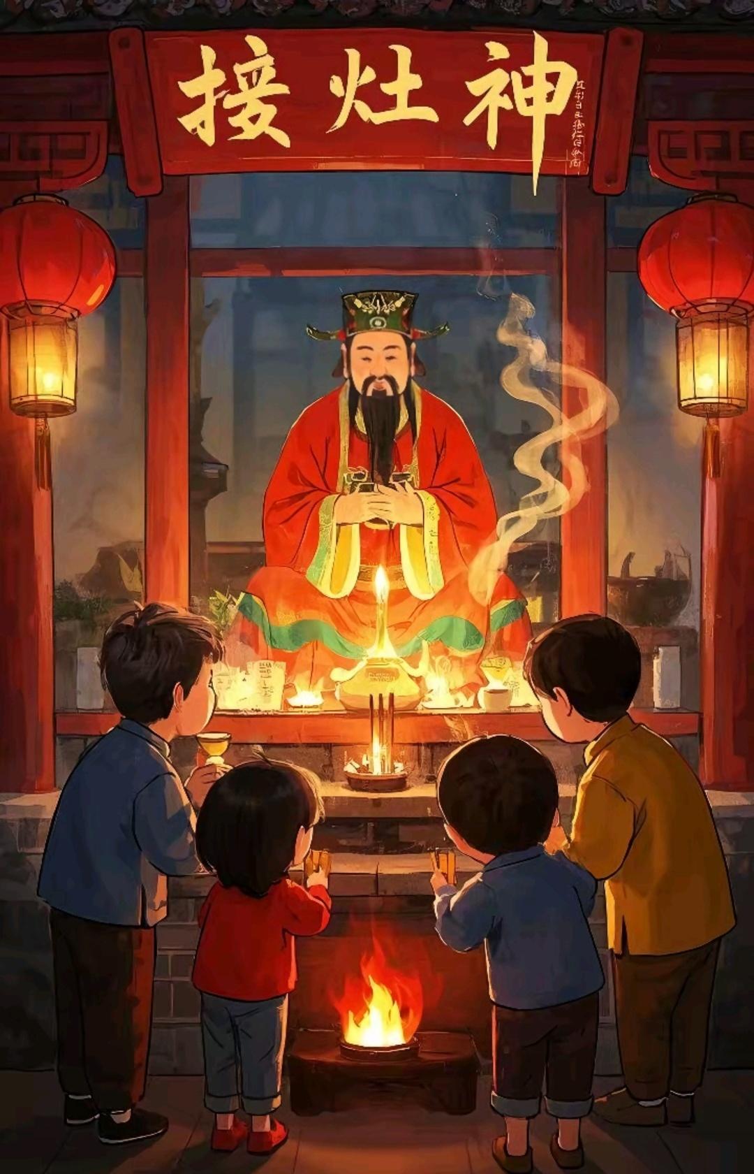 初四拜年
‌《蝶恋花·接得灶神天未晓》‌
接得灶神天未晓，爆仗声喧，催要开门早。