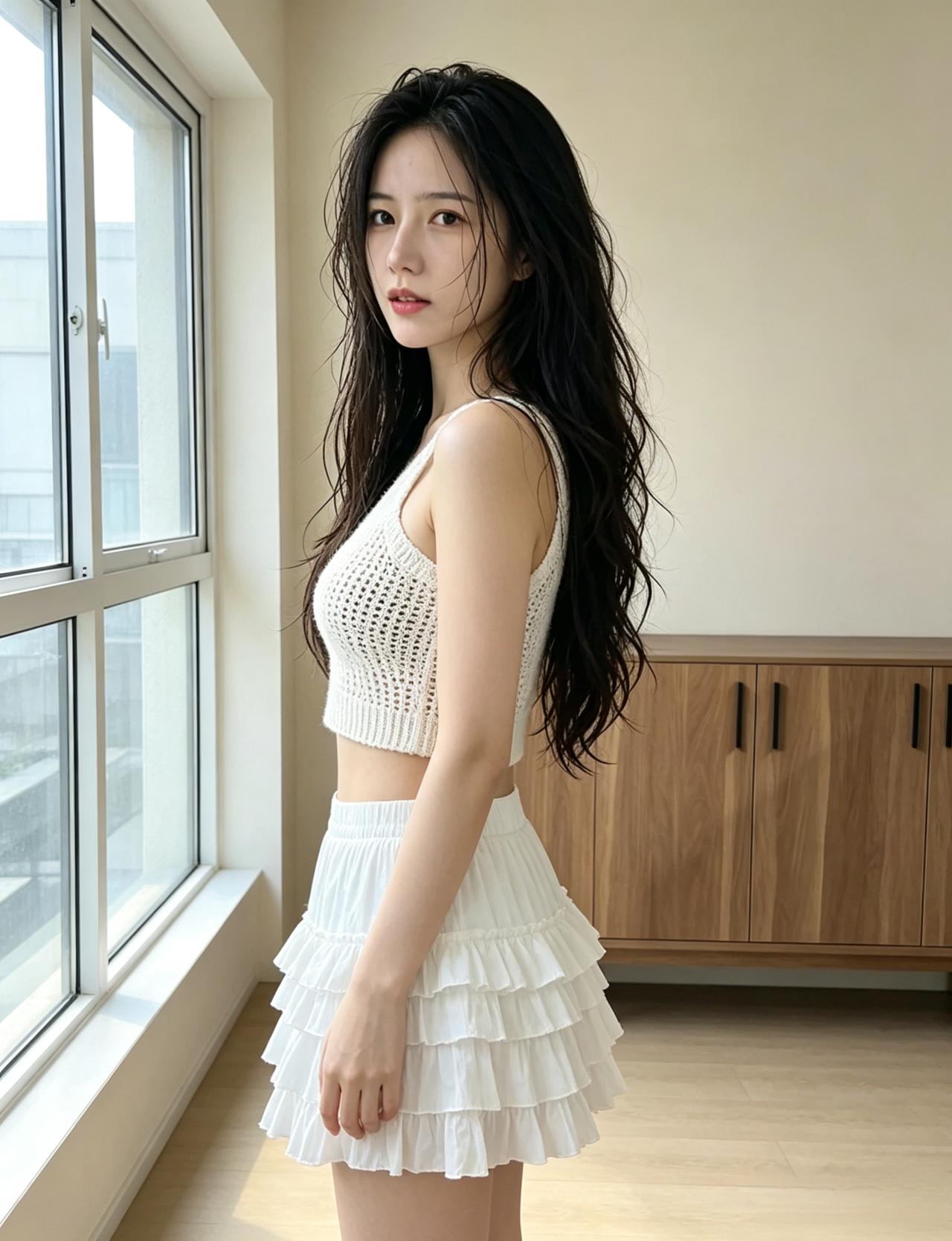 吊带轻如雪，层裙白似云。
窗光浮鬓影，一笑动芳尘。