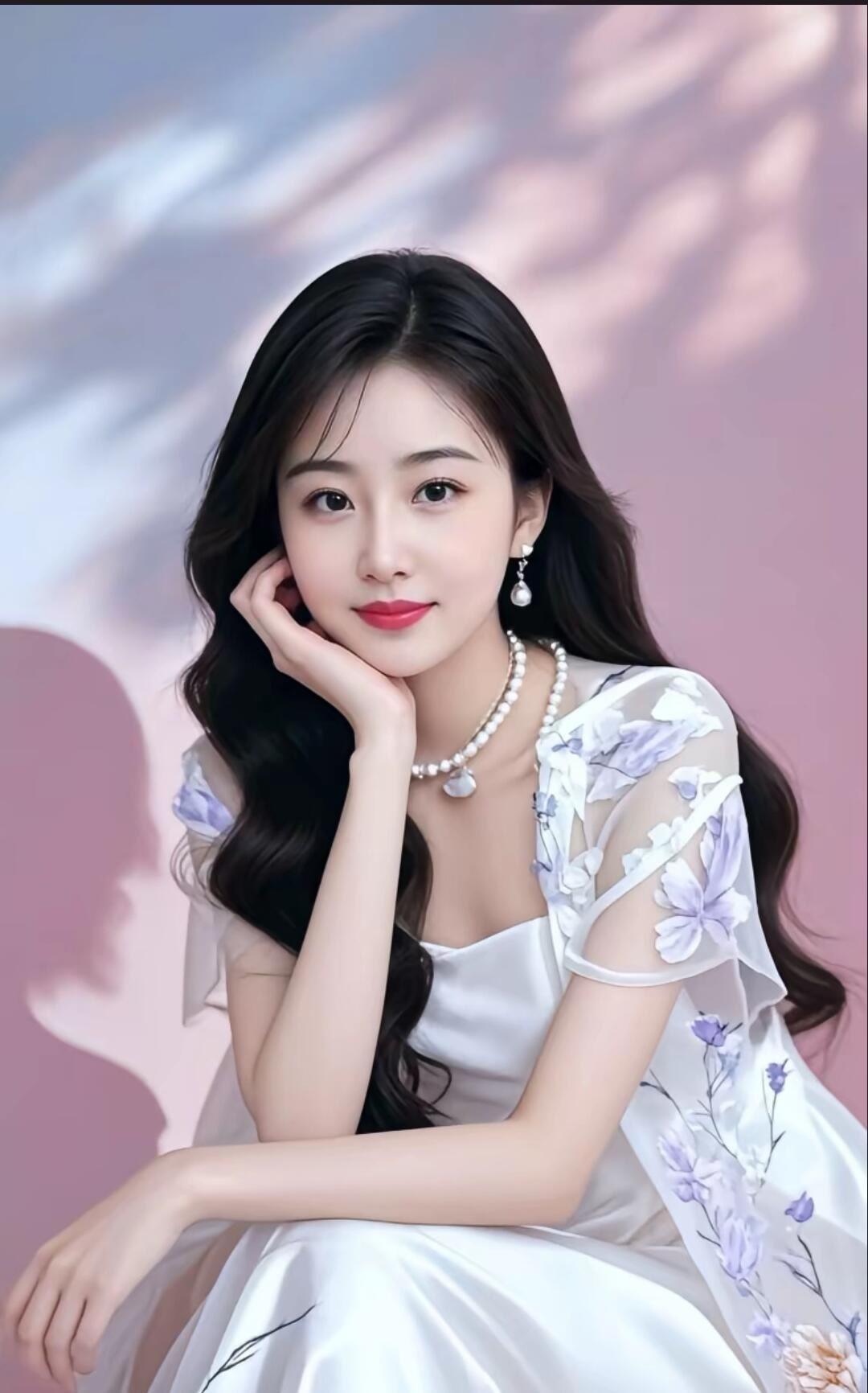 温柔甜美的少女，梦幻的粉色背景，优雅的珍珠项链，让人心动的微笑。