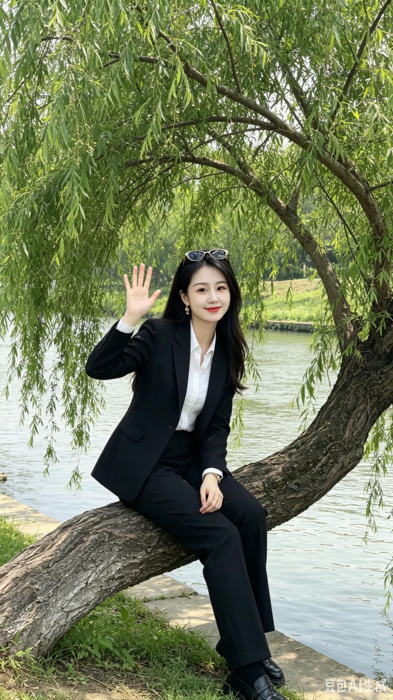 她栖于柳梢肆意绽放，柳枝垂拂美不胜收。
身着一袭利落黑衣，尽显职场女性风采。
面