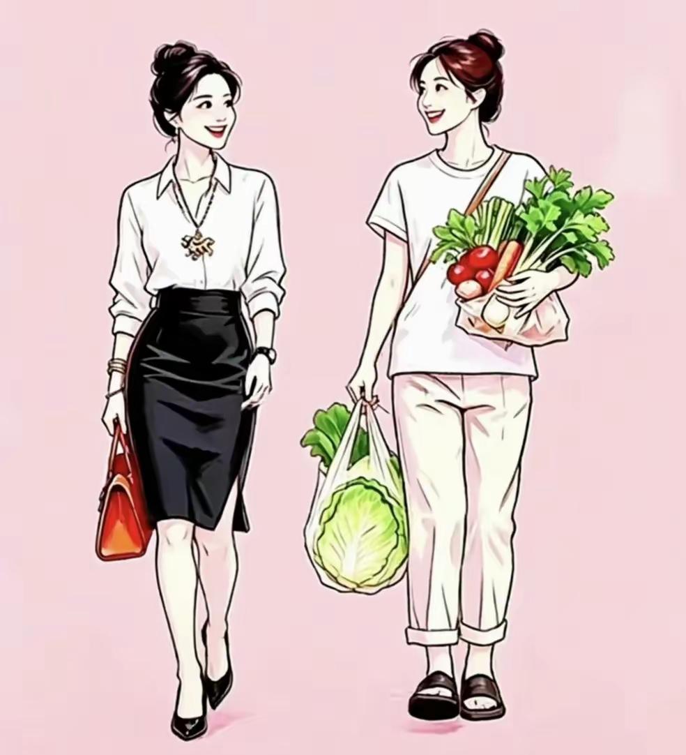 图片中的这两个女人，表面上看起来，穿裙子的打扮的漂漂亮亮，显得特别有气质。而穿裤