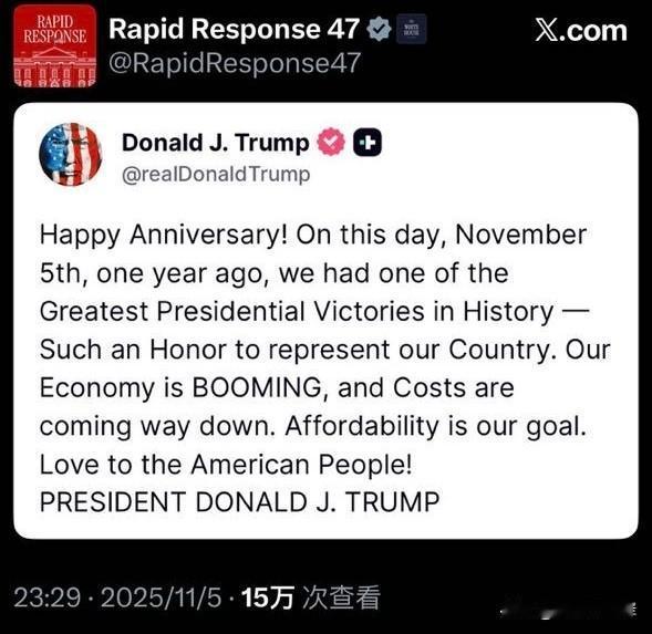 在大选胜利一周年之际，川普发文庆祝。
“周年快乐！一年前的今天，11月5日，我们