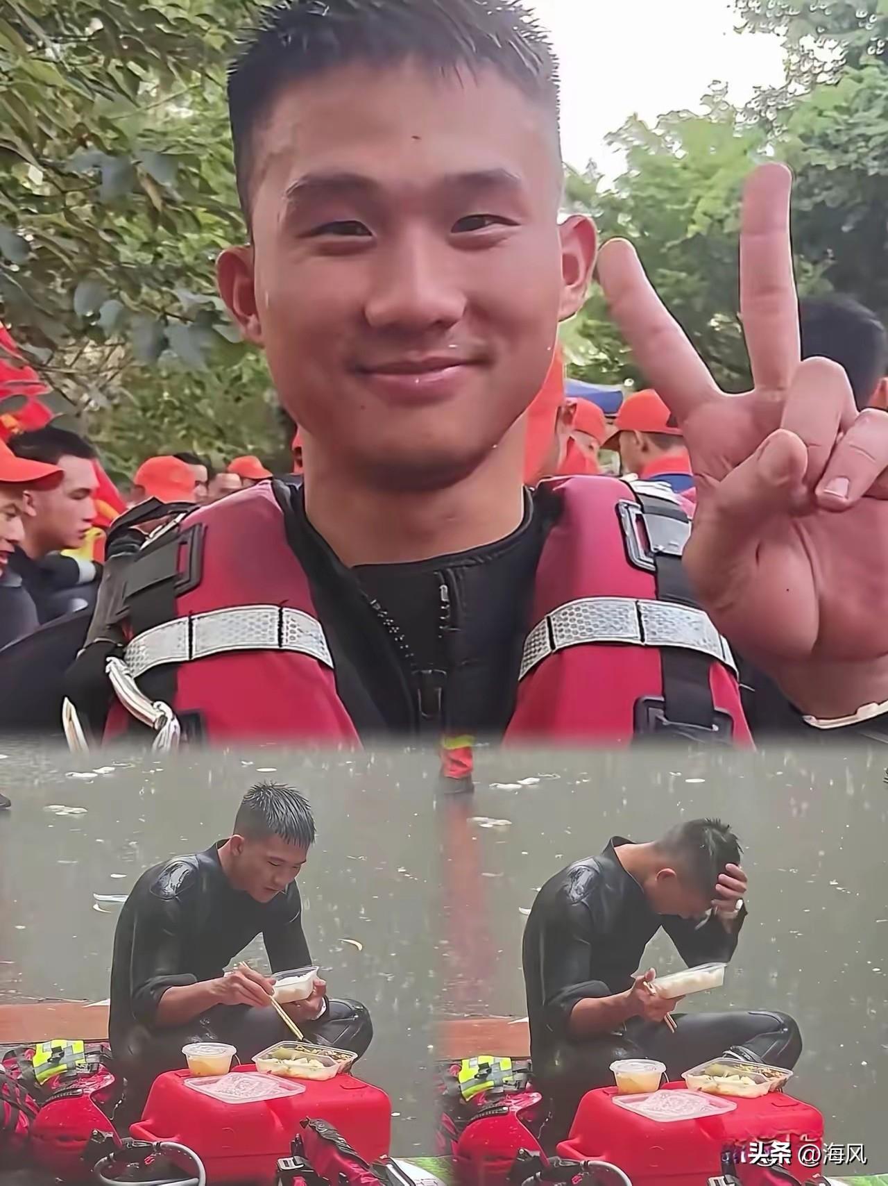 火遍全网、雨中就餐的消防员正面照片来了，他名叫梁焕，今年26岁，投身一线救援已有