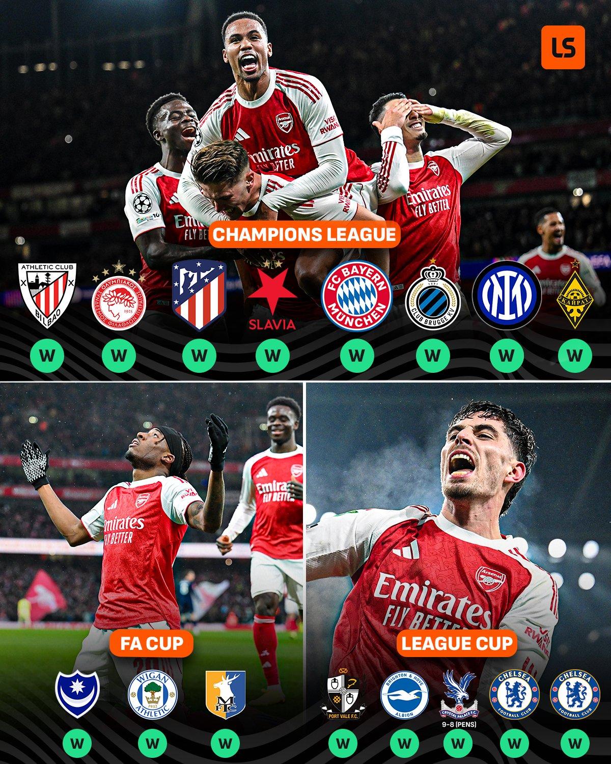 足总杯战胜曼斯菲尔德之后，枪手本赛季的杯赛战绩是辉煌的16战全胜！其中不乏马竞、