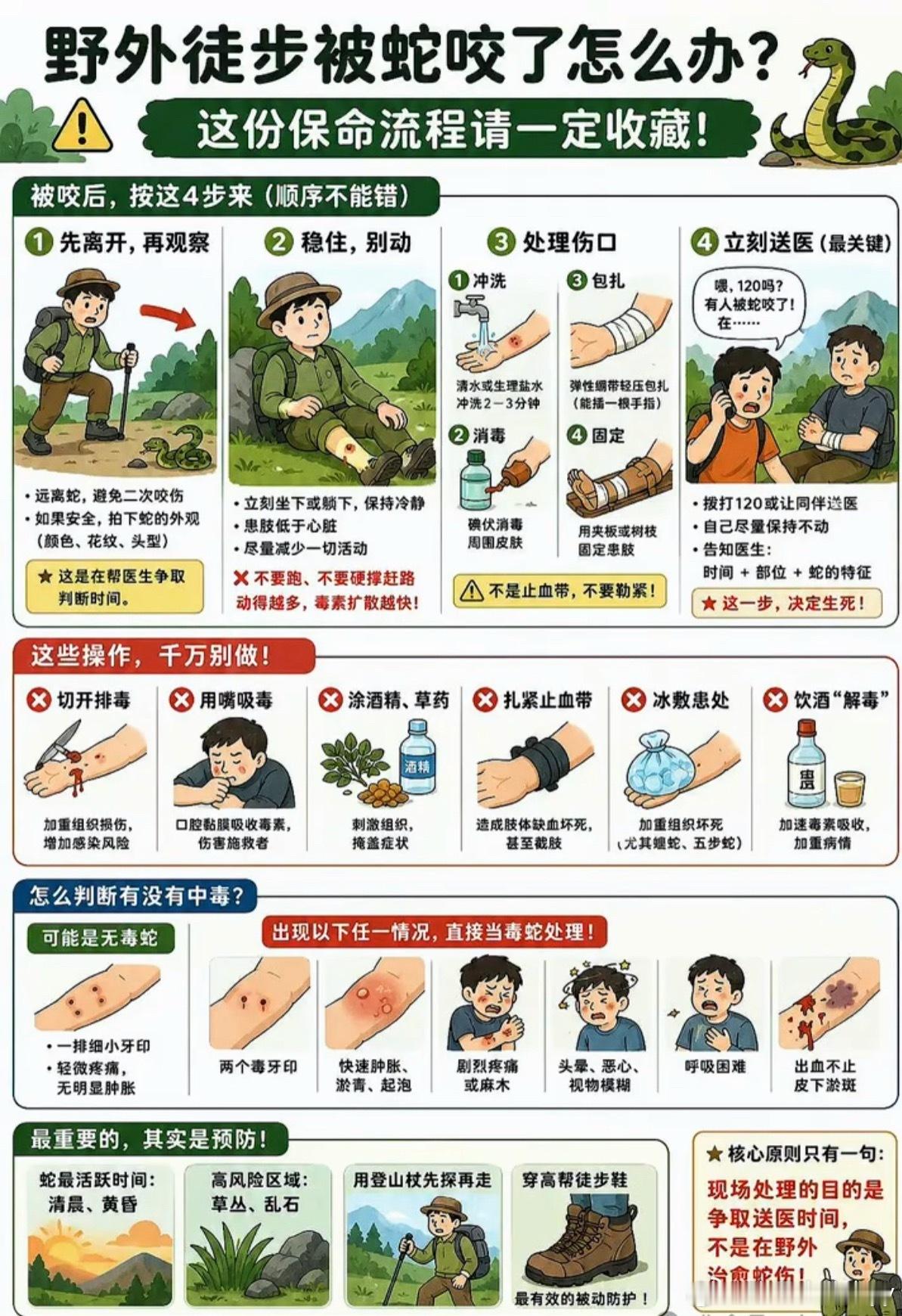 被蛇咬伤正确应对指南在野外遇见毒蛇被咬伤要怎么做？赶快一起看看这份指南吧，千万不