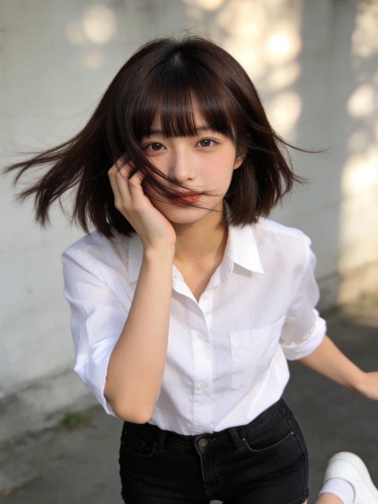 阳光倾洒，少女立于光影中，微风轻拂，发梢扬起细碎弧度。白衬衫干净素雅，领口微敞，