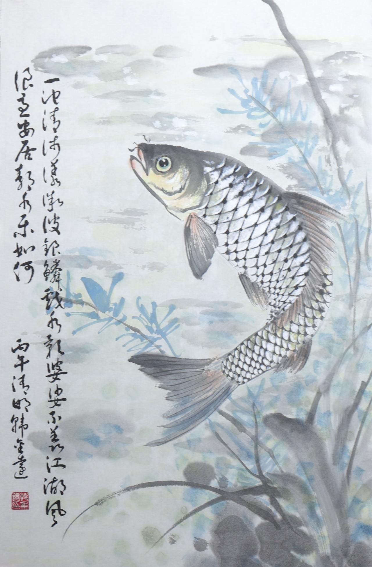 【国画赏析】一尾银鳞跃清波，满纸江湖自在心✨

韩金远先生这幅纸本四尺三开鲤鱼图