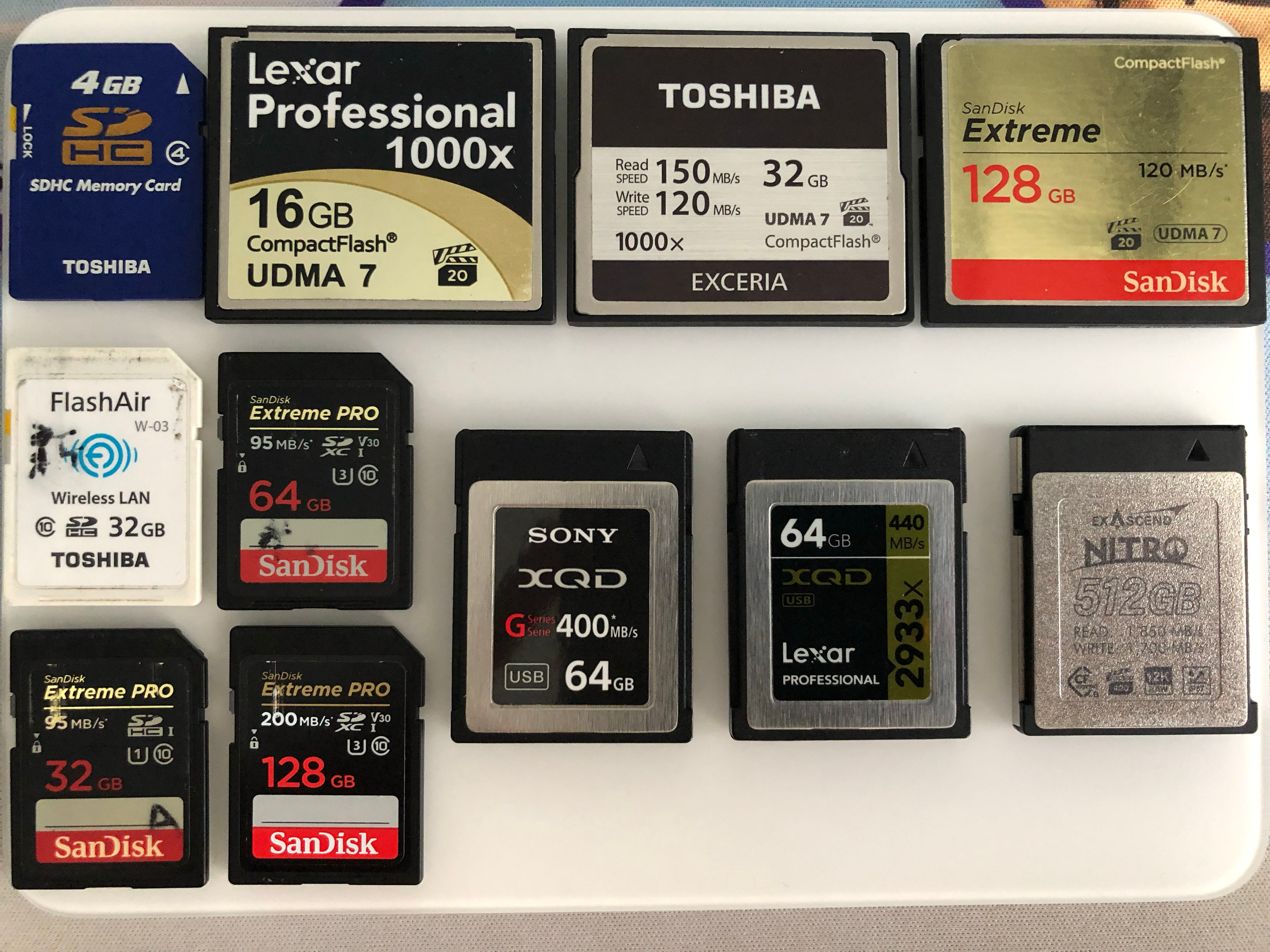 手上的一些相机卡，从2007年开始用相机，记得最早的是一张512M的SD卡，后来