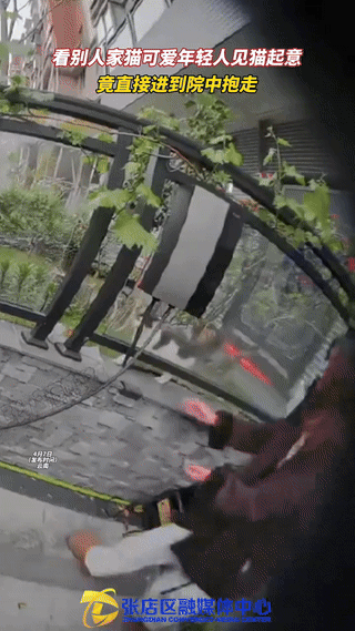 云南，一女子和男友出门闲逛时，看见别人家的猫咪特别可爱，竟直接进入院中，把猫咪抱