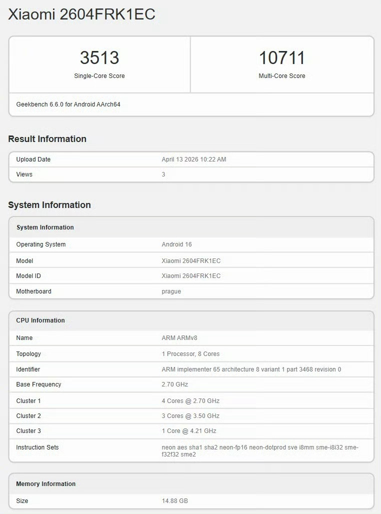 红米K90 Max Geekbench 跑分曝光！天玑 9500+16GB单核3