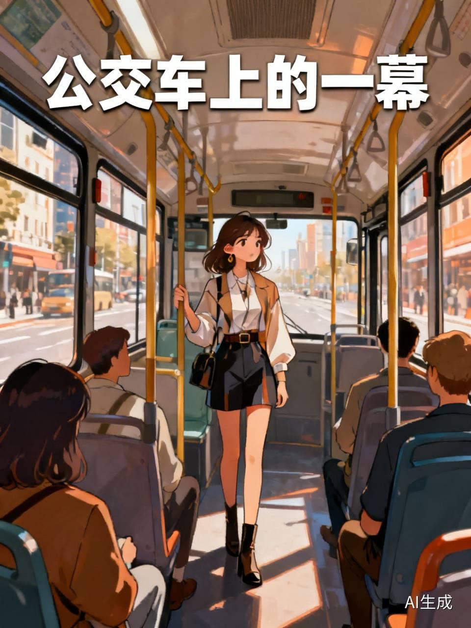 今天下午坐公交车时，上来一位三十多岁的女子。她留着披肩发，红唇如樱桃般娇艳，穿着