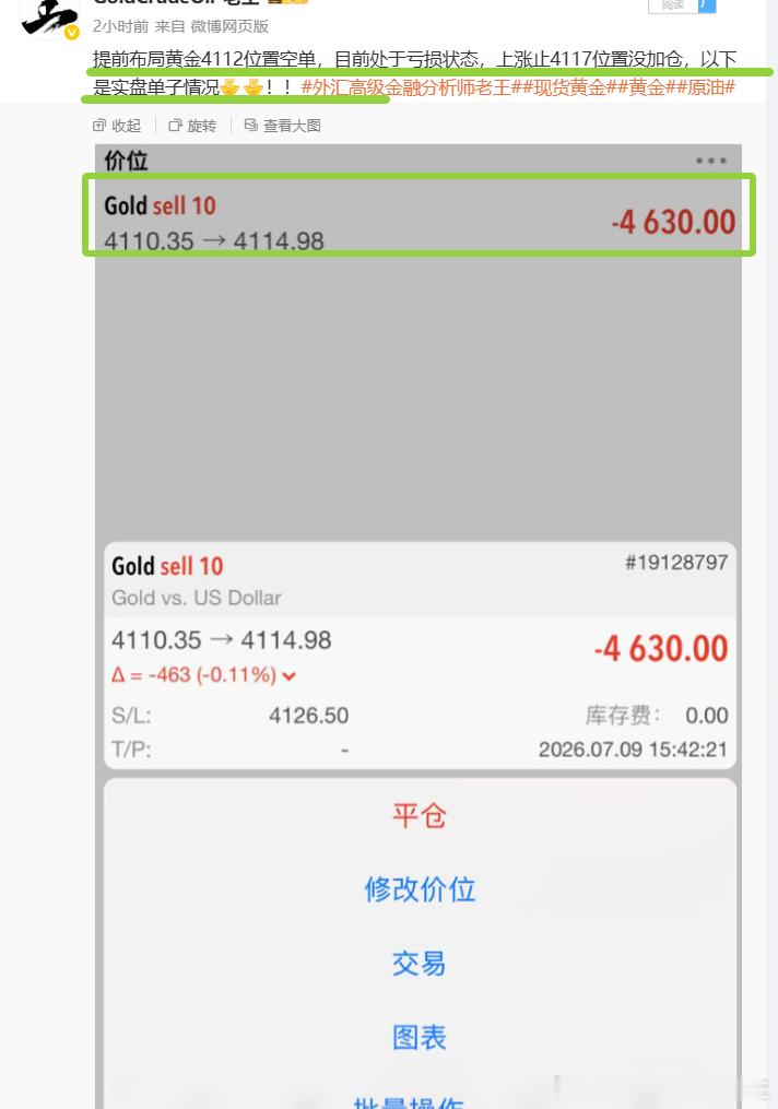 提前布局黄金4112位置空，现报4093位置已有190个点，稳出，减持！加入老王
