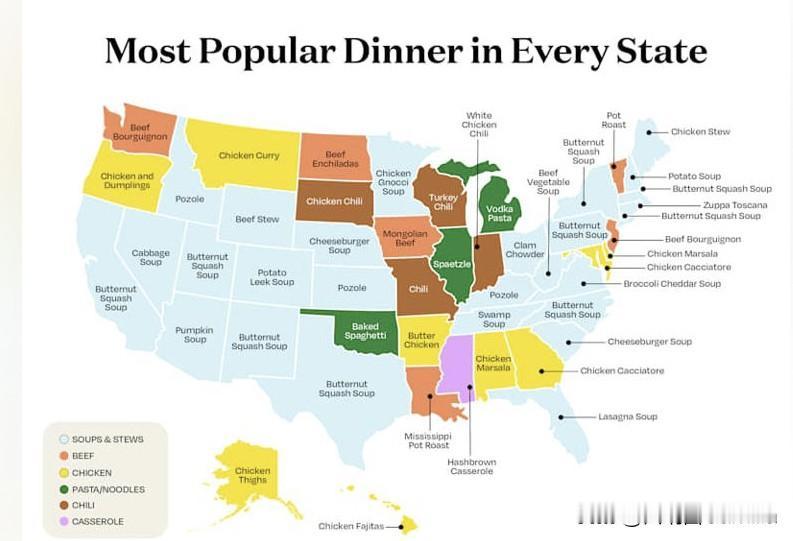 美国各州最受欢迎的晚餐

根据最近90天网上搜索数据显示，南瓜汤是9个州最受欢迎