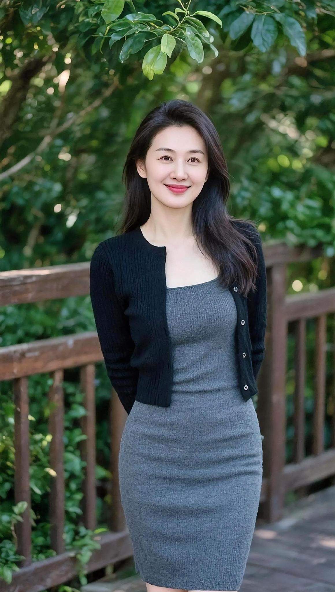 木桥弯进绿荫里

风掀动发尾

黑开衫轻拢静气

灰裙贴着暖意

叶隙漏下光斑
