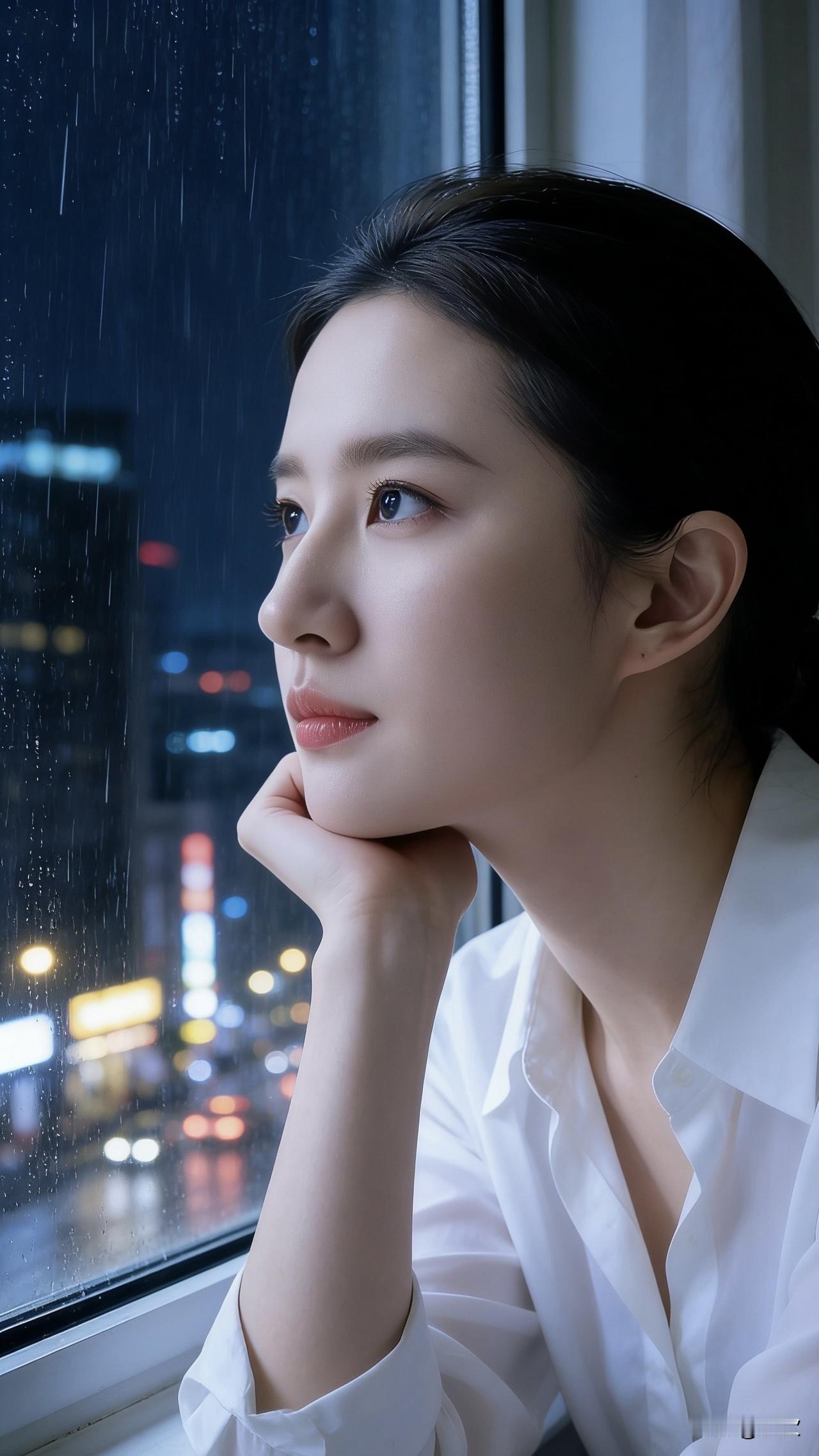 窗外的雨丝斜斜划过玻璃，把城市的霓虹揉成一片暖黄的光斑。她托着腮，看远处的车流像