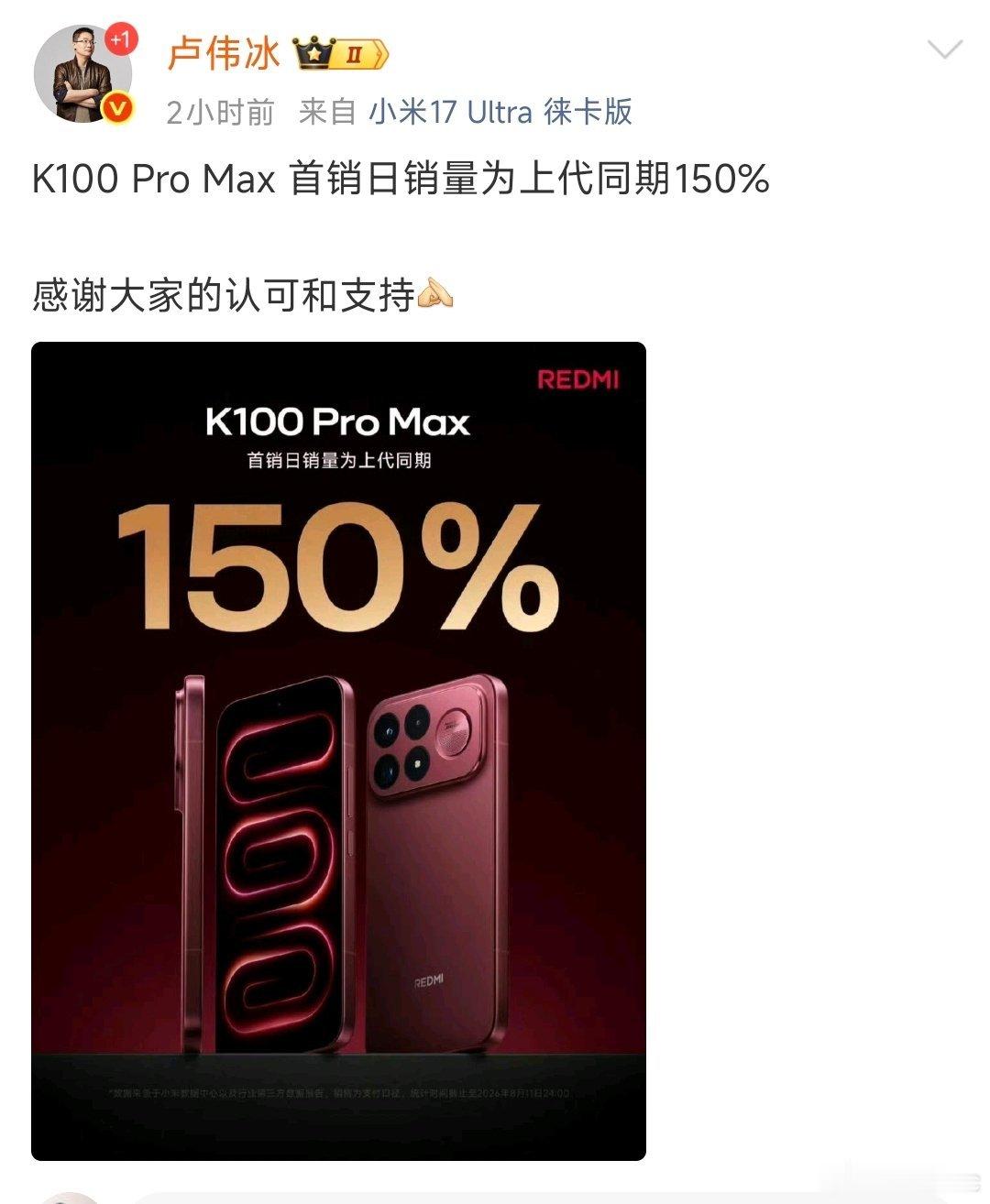 卢伟冰小米高管卢伟冰对外放出红米K100 Pro Max的最新销售数据，整体销量