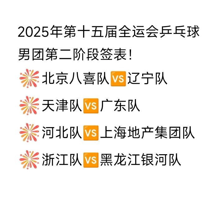 男团第二阶段签表发布！
2025年第十五届全运会乒乓球男团第二阶段签表如图所示。