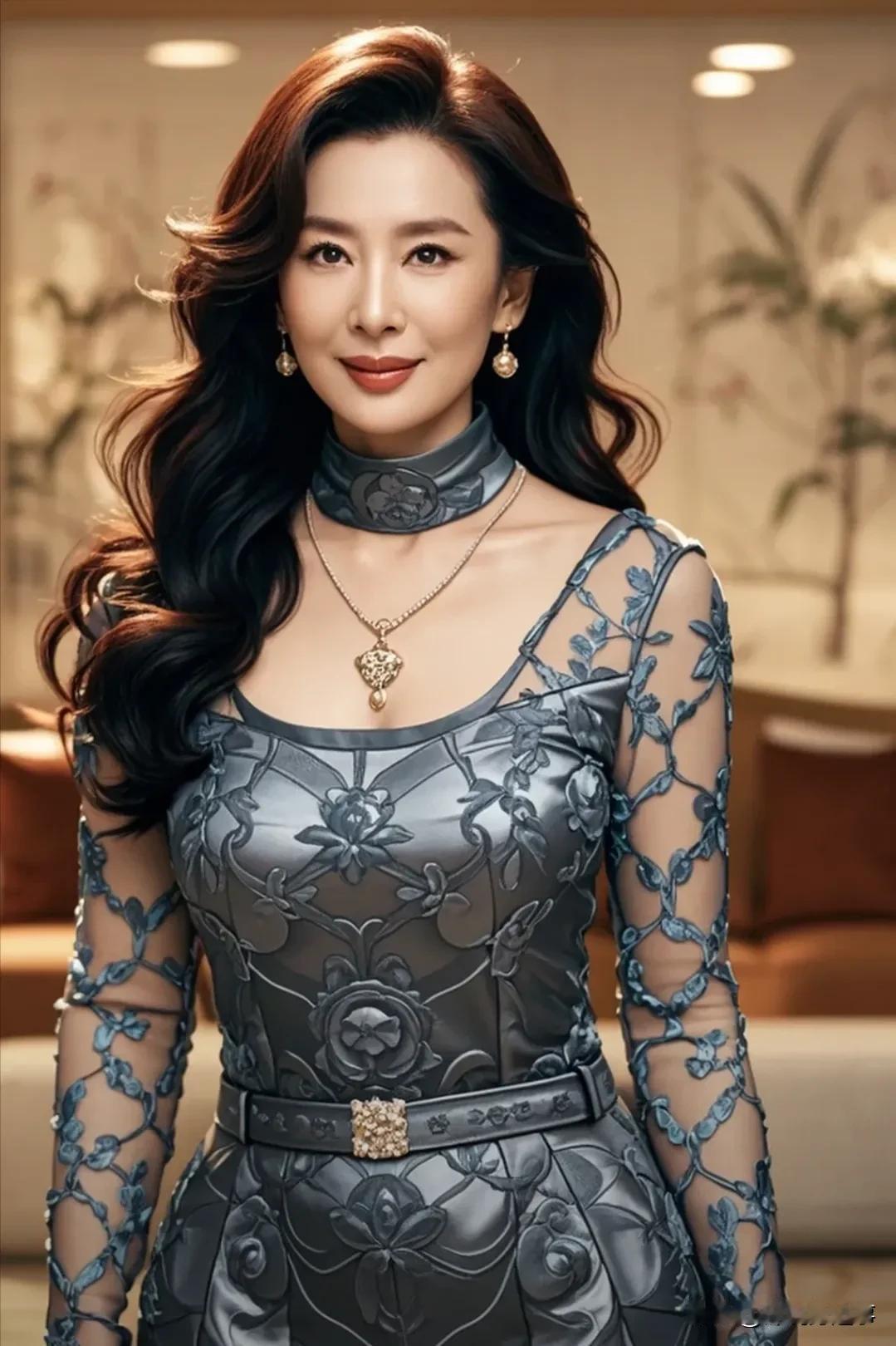 你知道吗？什么优雅和雍容华贵。
一件深灰色的晚礼服，礼服上镶满了精致的花卉图案和