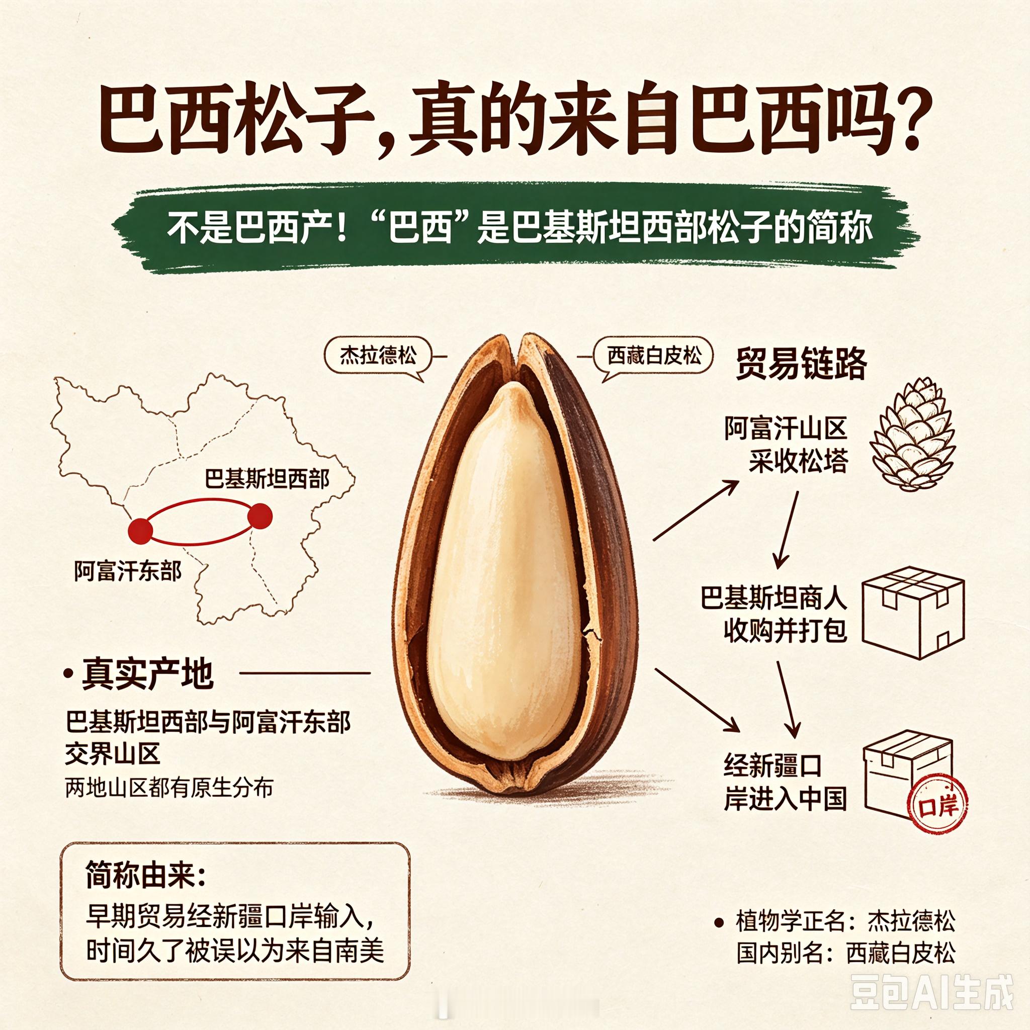 “巴西松子”不是巴西产的，是巴基斯坦西部松子的简称。它的植物学正名叫杰拉德松，国