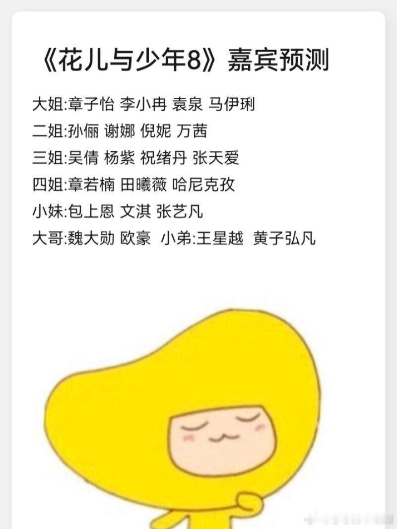 花儿与少年[超话]《花儿与少年8》阵容预测大姐:章子怡 李小冉 袁泉 马伊琍二姐