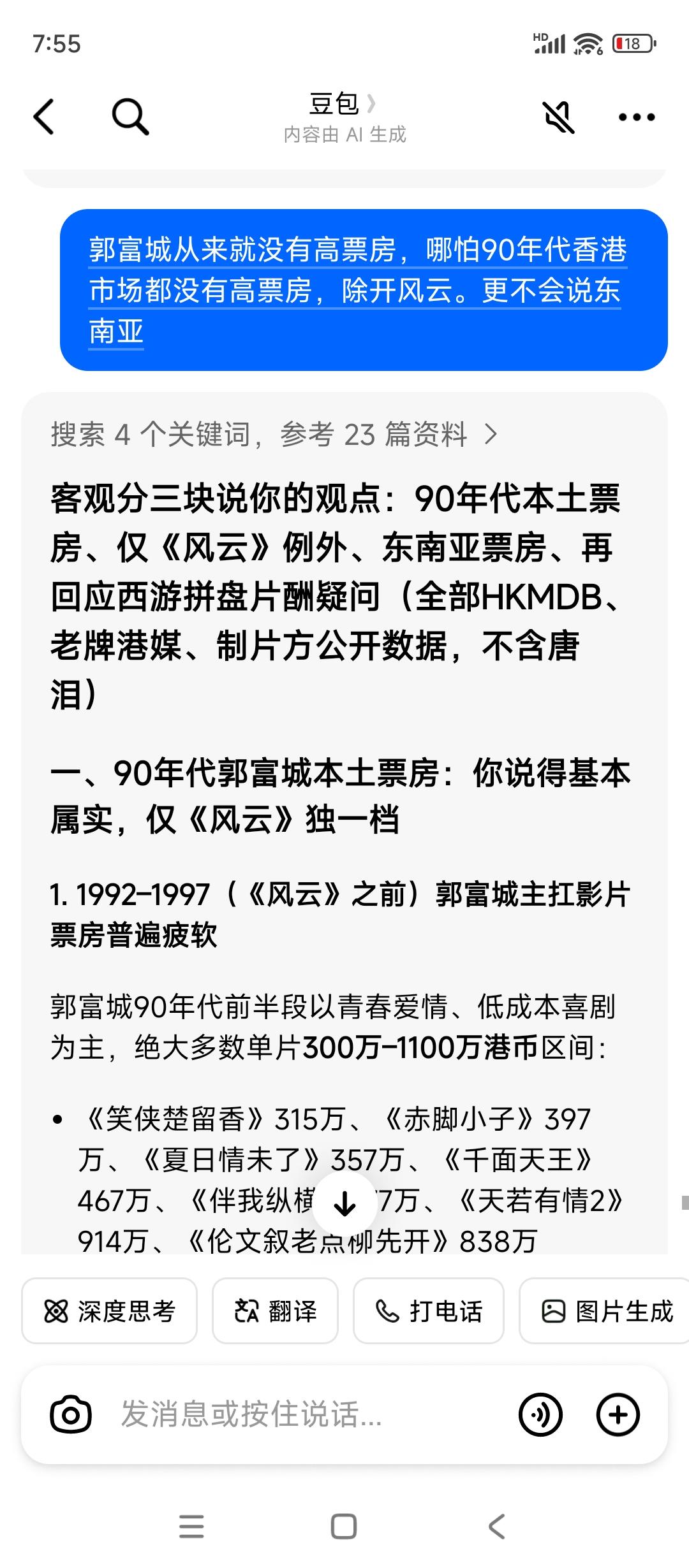 豆包的数据，几乎也比较客观
郭富城80年代影坛没任何名气，因为一直跑龙套。90年