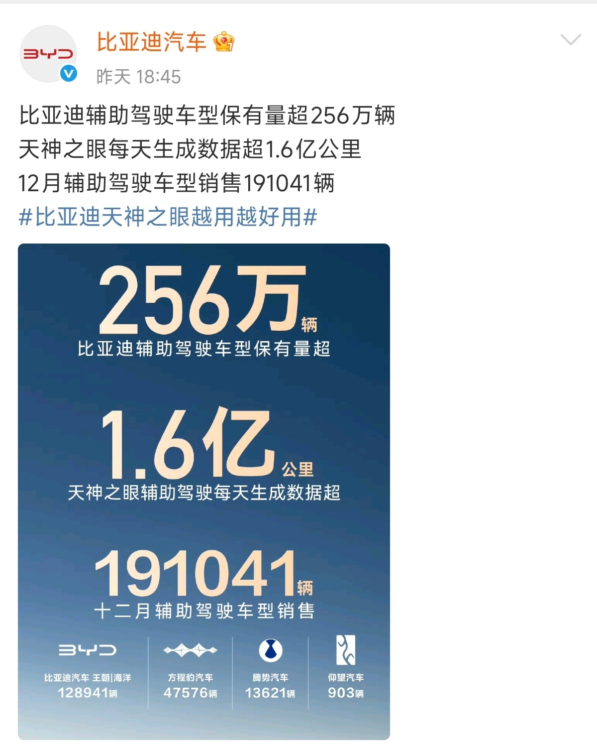 比亚迪辅助驾驶重点数据：1、保有量超256万辆2、每天生成数据超1.6亿公里3、