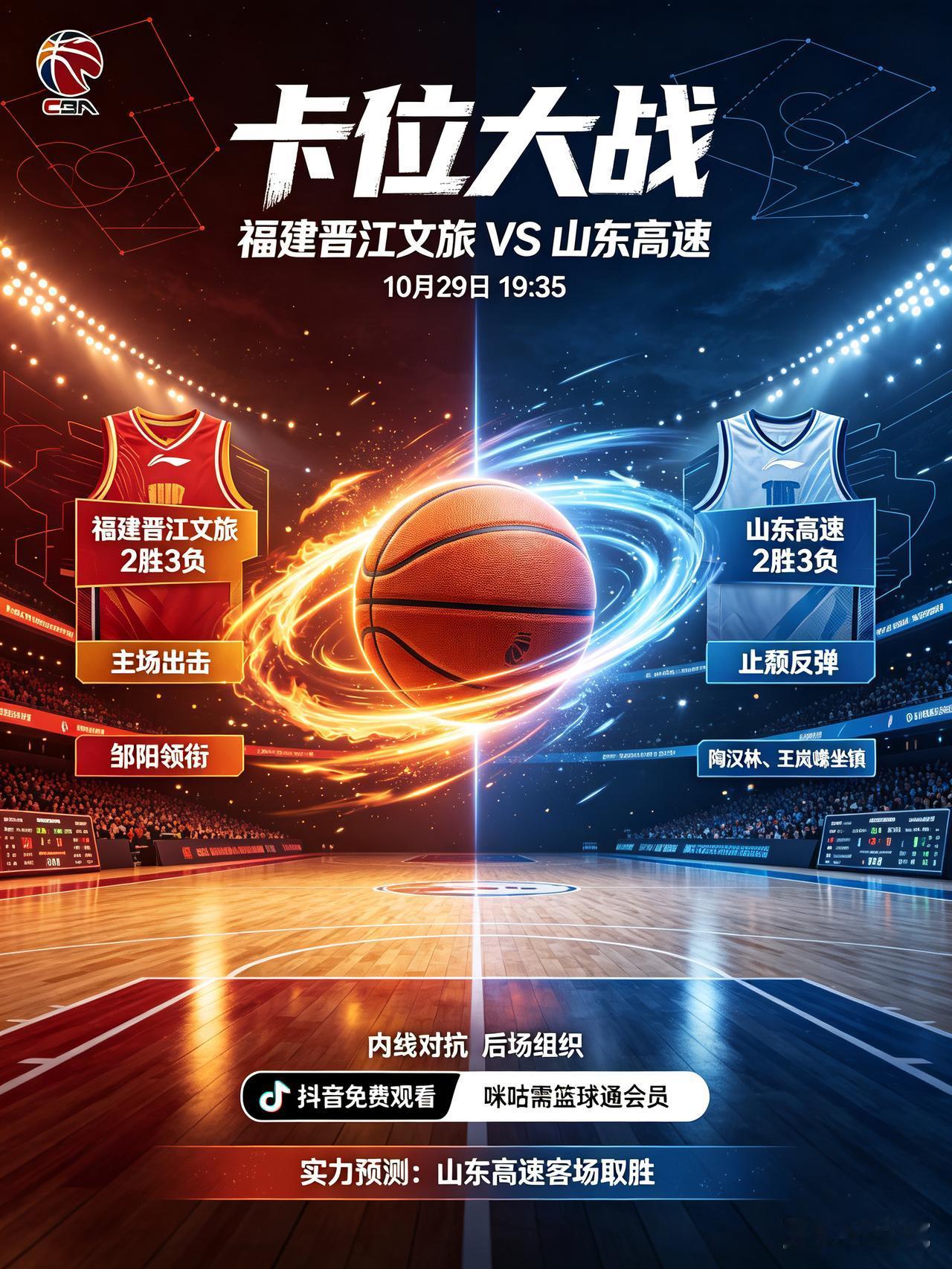 卡位大战！福建主场迎战山东高速！
     今天是10月29日 ，今晚19:35