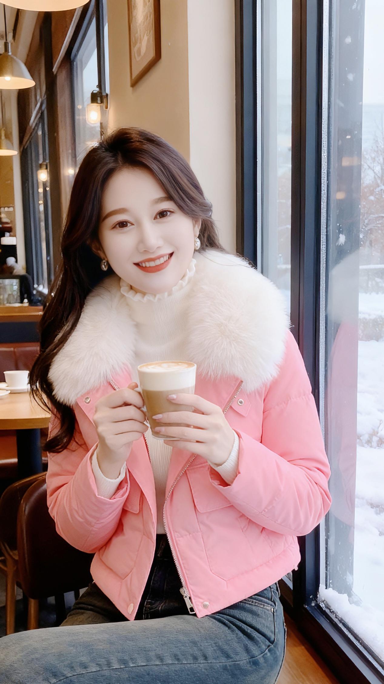 雪落时，她是冬色里跳脱的一抹甜。
 
粉色短袄裹着蓬松的白绒领，像把春的腮红揉进