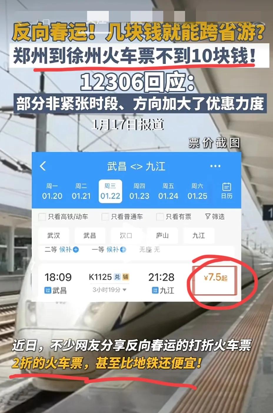 什么？！春运高铁不到10元钱！反向打2折！
反向春运！几块钱就能跨省游？郑州到徐