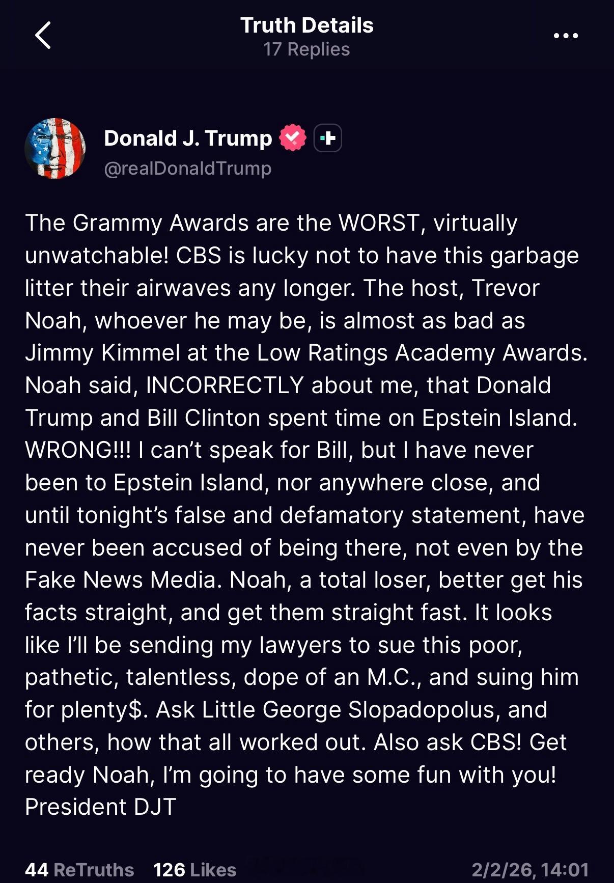 特朗普凌晨一点发文，准备起诉格莱美主持人诺亚诽谤格莱美奖简直糟糕透顶，简直没法看