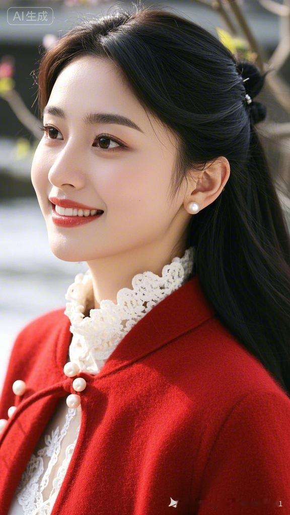 甜美笑容，红衣白裙，优雅动人！🌸💖