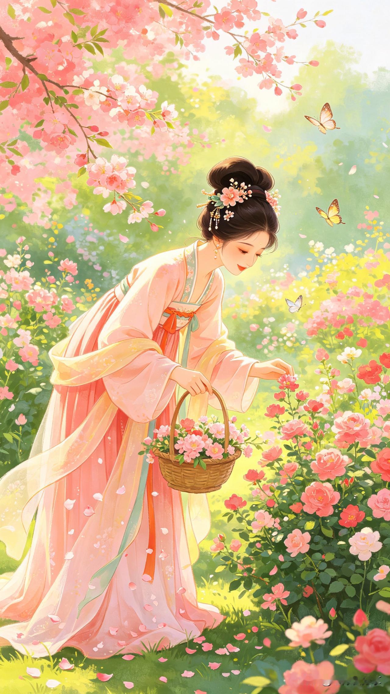 现代诗词.春日花信

风把三月的温柔，
都揉进了这片花海。
竹篮轻悬，
盛满了整