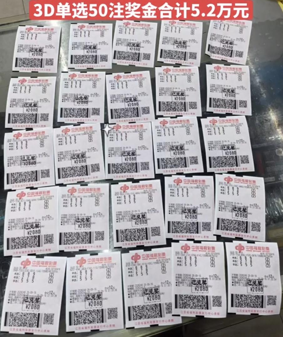 26249期3D江苏高邮彩民50张单选票拿下5.2万，巧妙投注奖金全额落袋.
