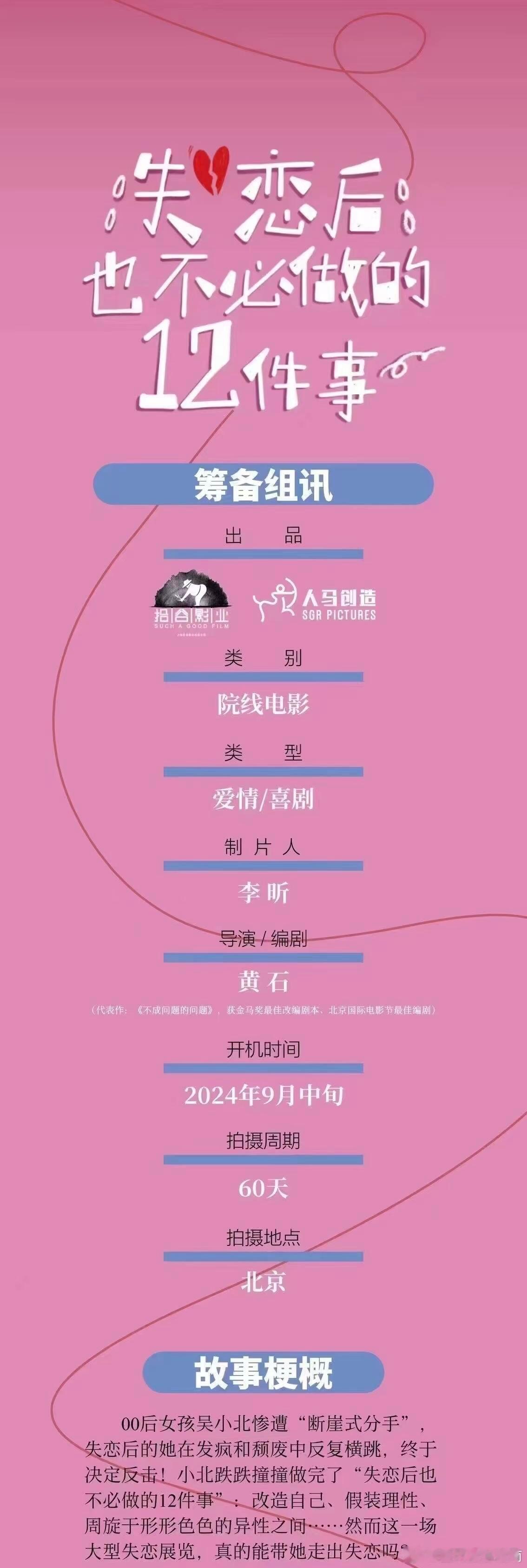 院线电影《失恋后也不必做的12件事》组讯出品：拾谷影业导演、编剧：黄石《不成问题