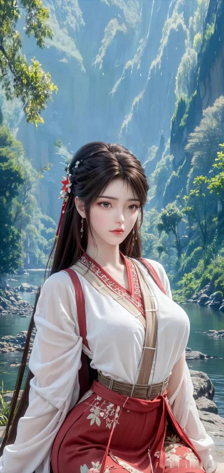 身着汉服的少女，置身于山水之间，那画面简直美到极致。仿佛她真的穿越时空而来，带着