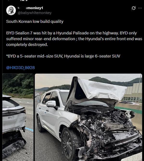 近期，韩国一条高速公路上发生一起追尾事故：现代帕里斯帝追尾前方比亚迪海狮07。现