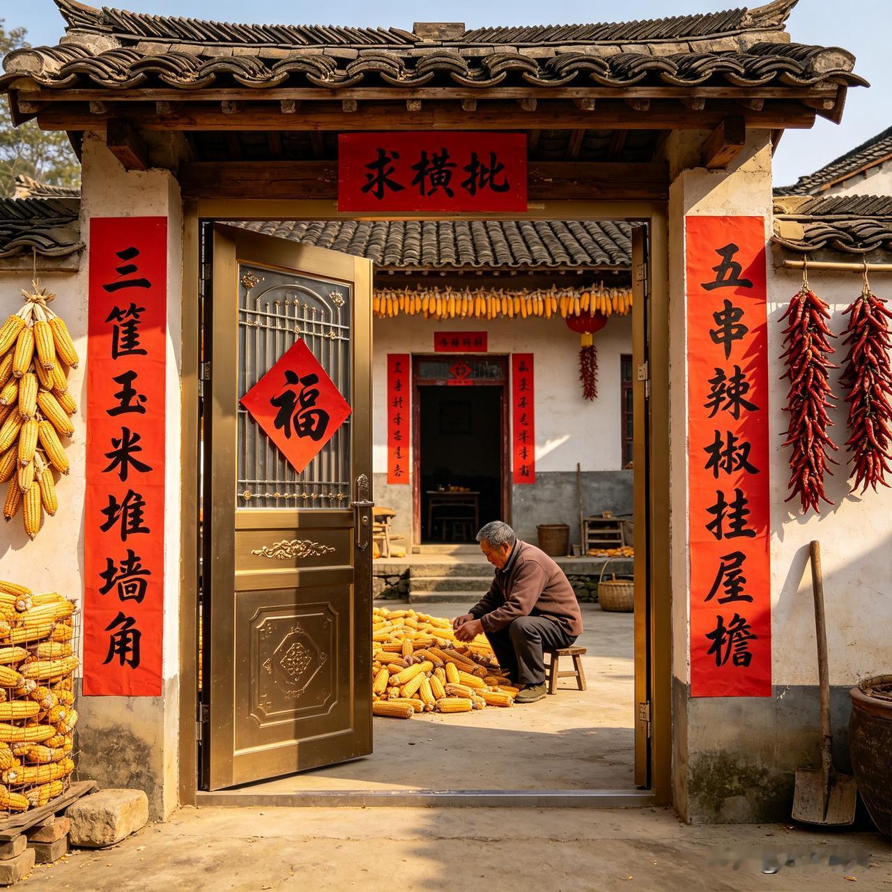 “三筐玉米堆墙角，五串辣椒挂屋檐”，这联满是烟火气——金黄玉米堆出饱满，火红辣椒
