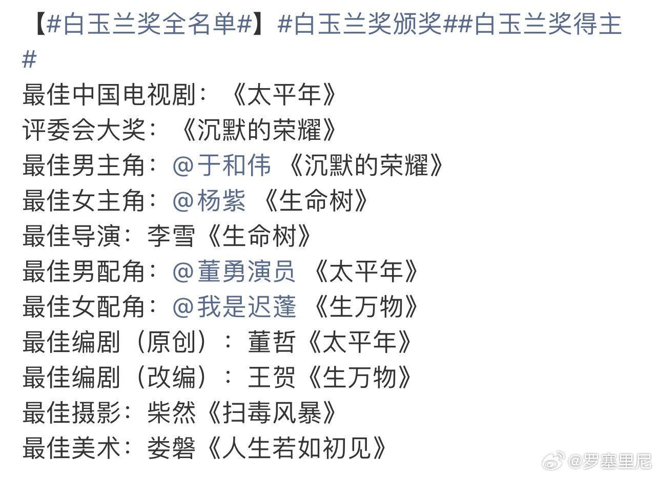 这个白玉兰获奖名单，怎么最佳电视剧和最佳摄影都这么水呢，感觉都应该是生命树，我合