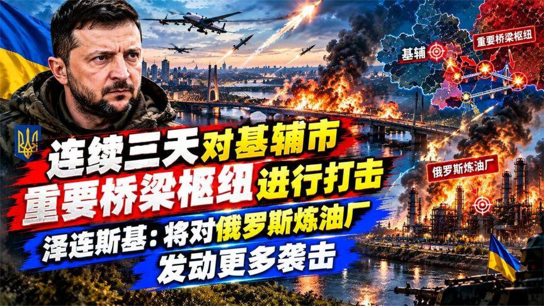 俄连续三天炸基辅桥梁，泽连斯基下令猛攻俄炼油厂