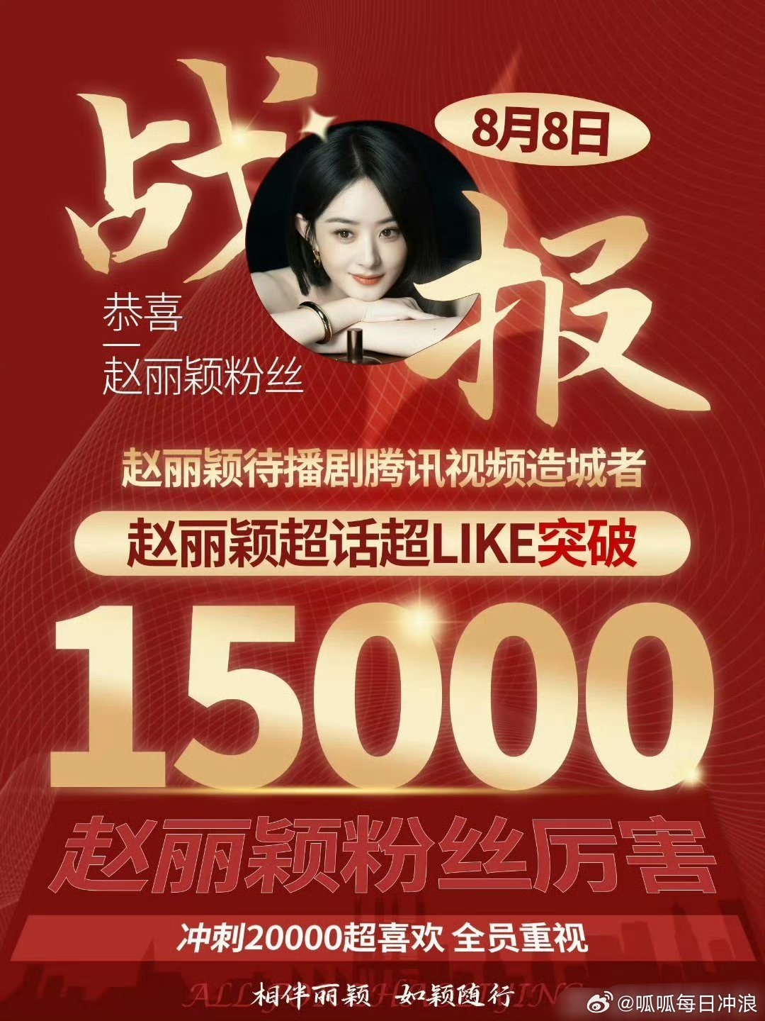 赵丽颖超话超like破15000，战报来啦！ ​​​
