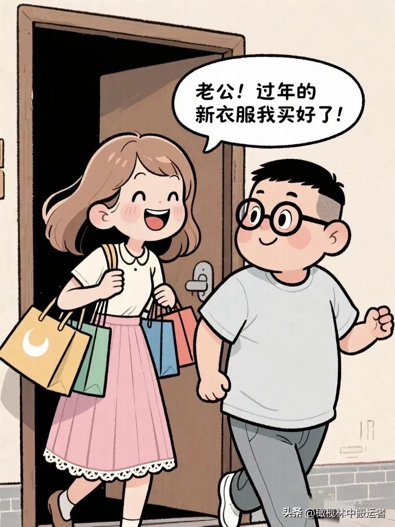 搞笑漫画：老婆拎着五个购物袋进门：“老公！过年的新衣服我买好了！”老公激动地凑过