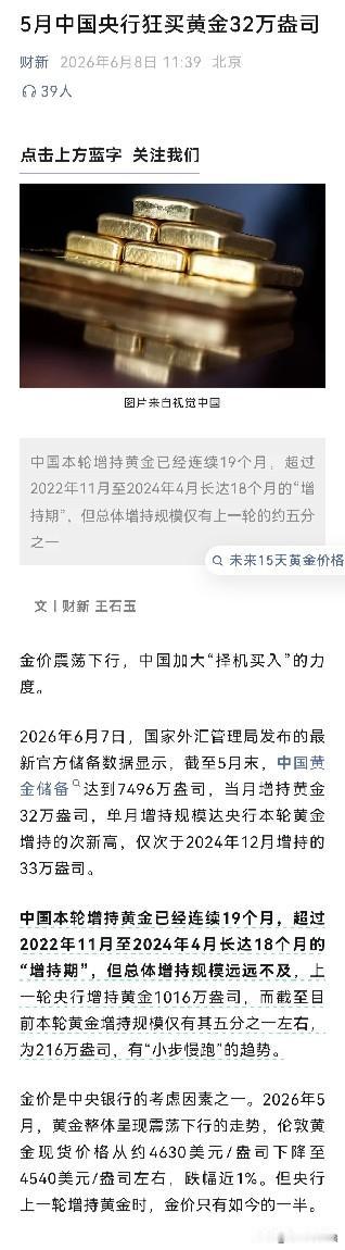 5月中国央行狂买黄金32万盎司：2026年5月，黄金整体呈现震荡下行的走势，伦敦