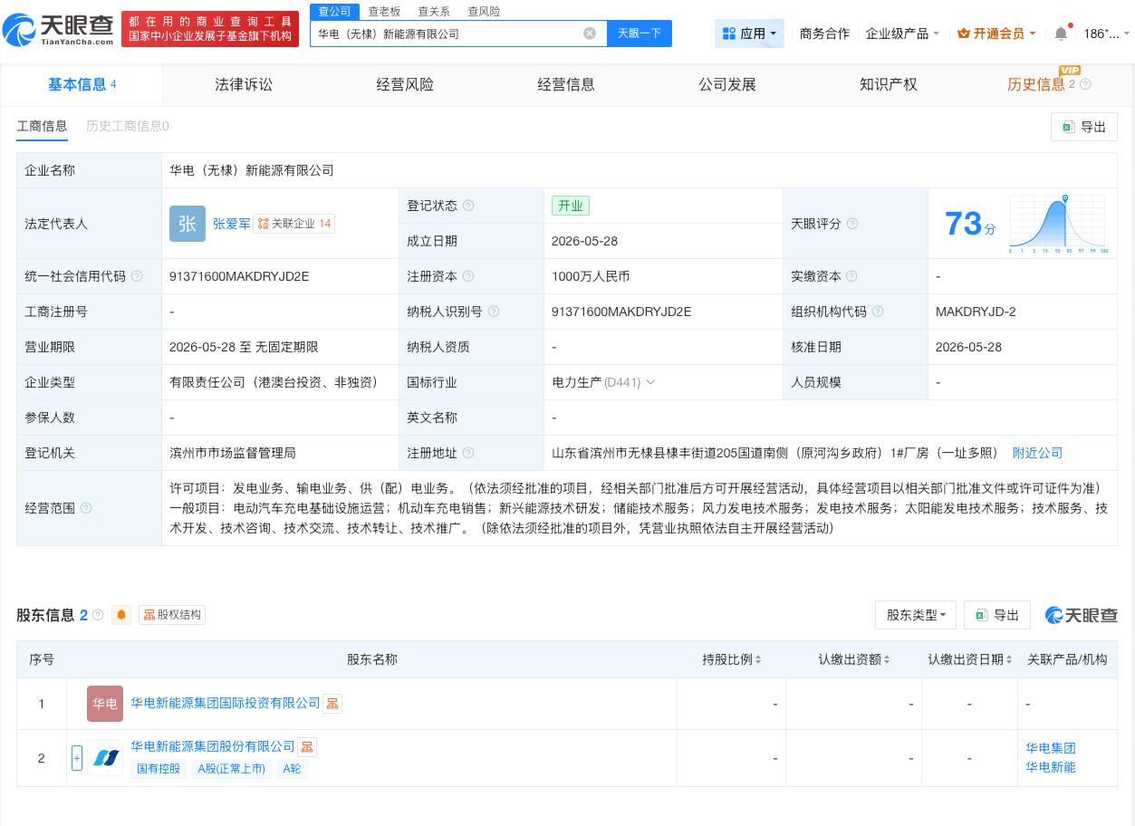 华电新能等在滨州成立新能源公司 注册资本1000万

天眼查App显示，近日，华