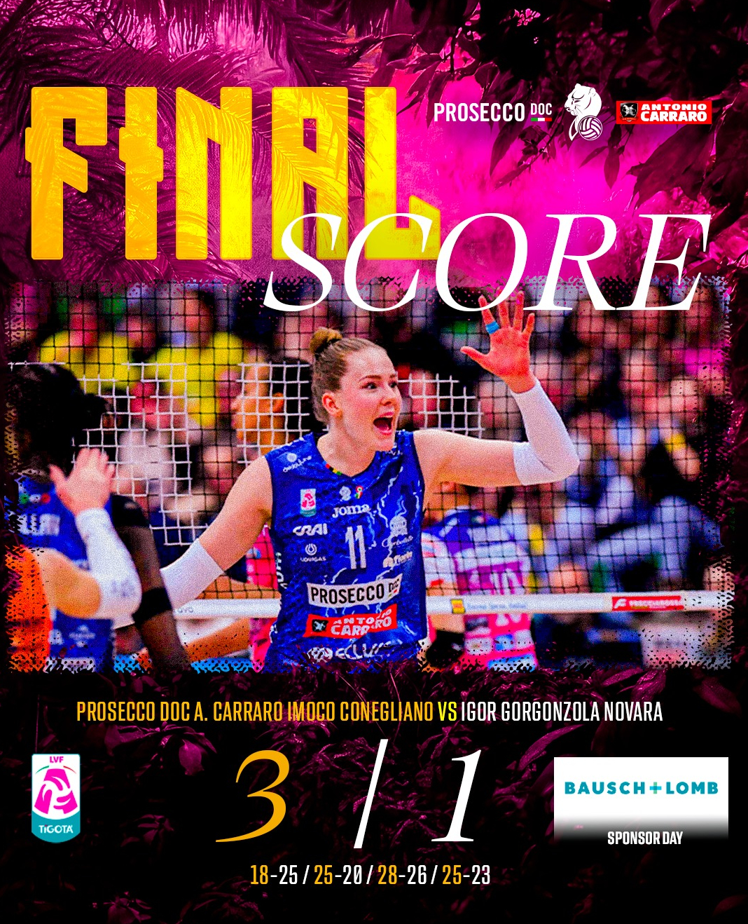 科内利亚诺主场3比1战胜诺瓦拉，总比分3比0，率先晋级意甲决赛。 朱婷本场休战！