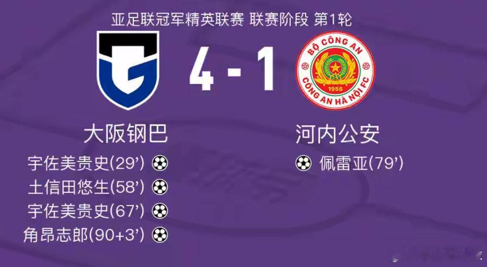亚冠精英联赛｜大阪钢巴4‑1大胜河内公安，宇佐美贵史独中两元北京时间9月15日，
