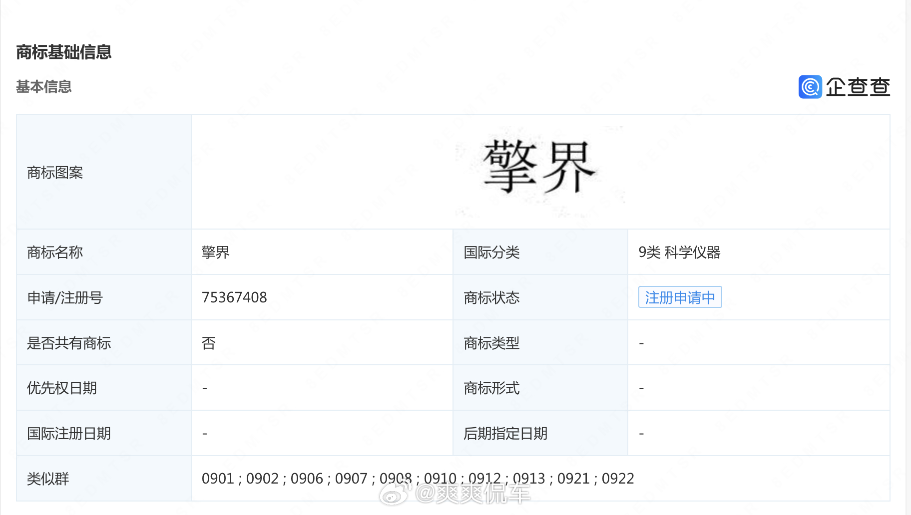 据企查查显示，华为技术有限公司申请注册“尊界”“擎界”商标，国际分类为运输工具、