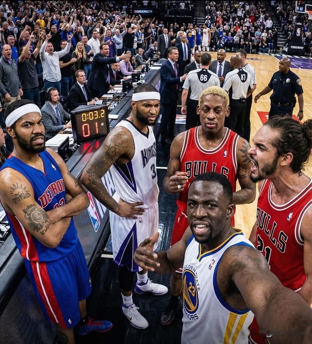 华莱士+考辛斯+罗德曼+追梦+诺阿！美媒晒图发问：五大“刺头”同场，谁会成为被罚