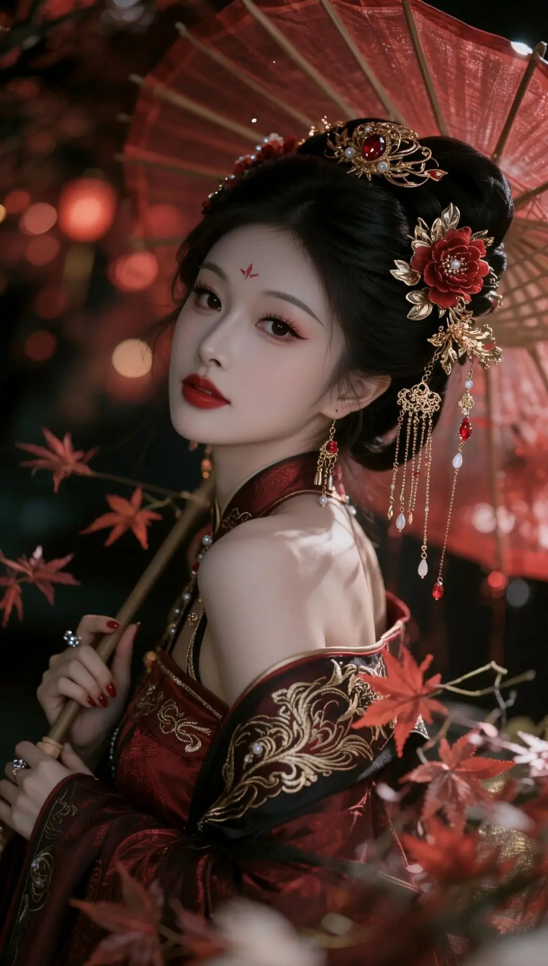 AI国风夜枫写真感 ai创作 古风油纸伞造型 古风的完成度还得看脸 古风红伞