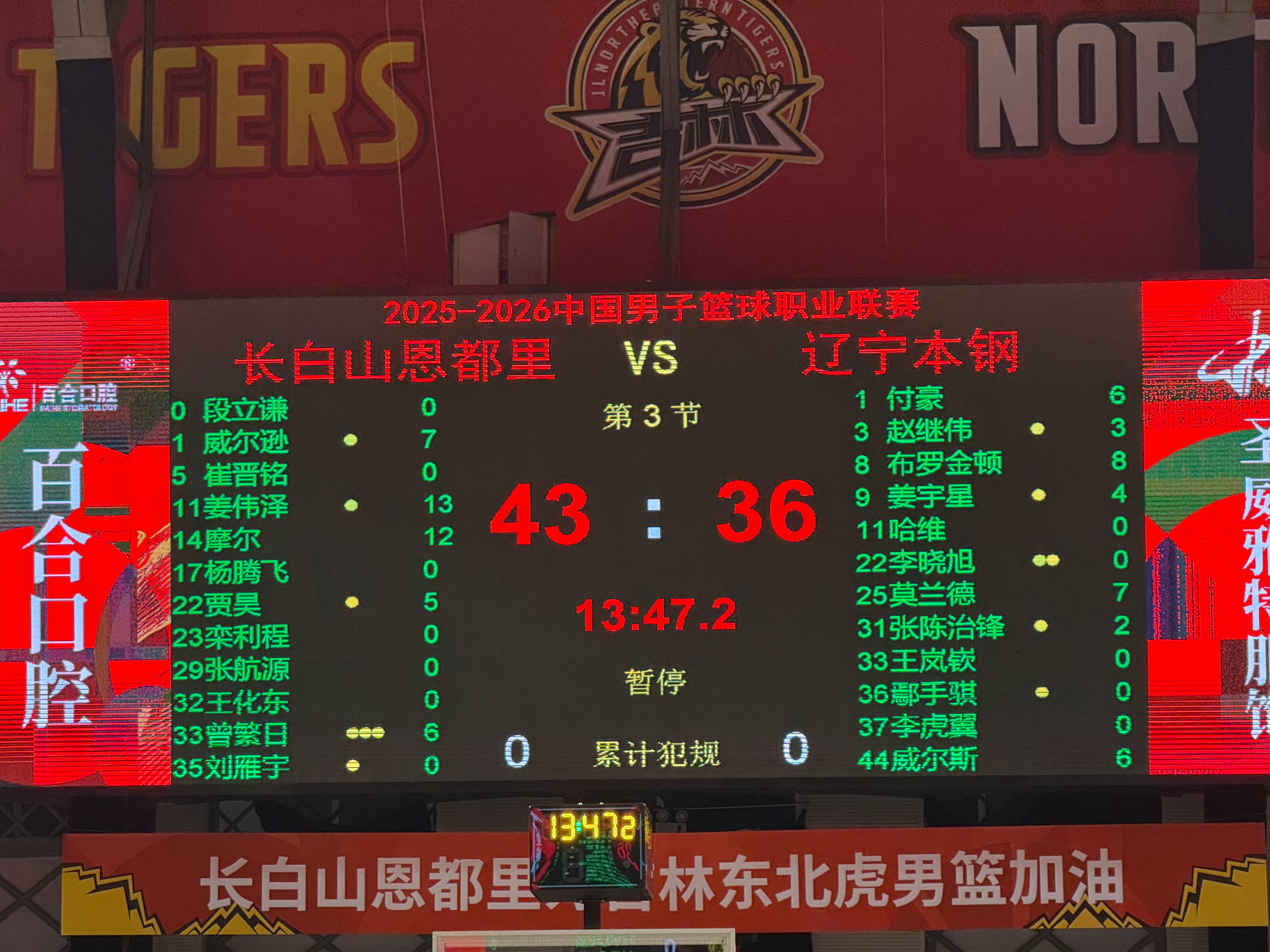 半场比分，辽宁36-43落后吉林。今天吉林主场也没跳萨满啊吉林男篮vs辽宁男篮
